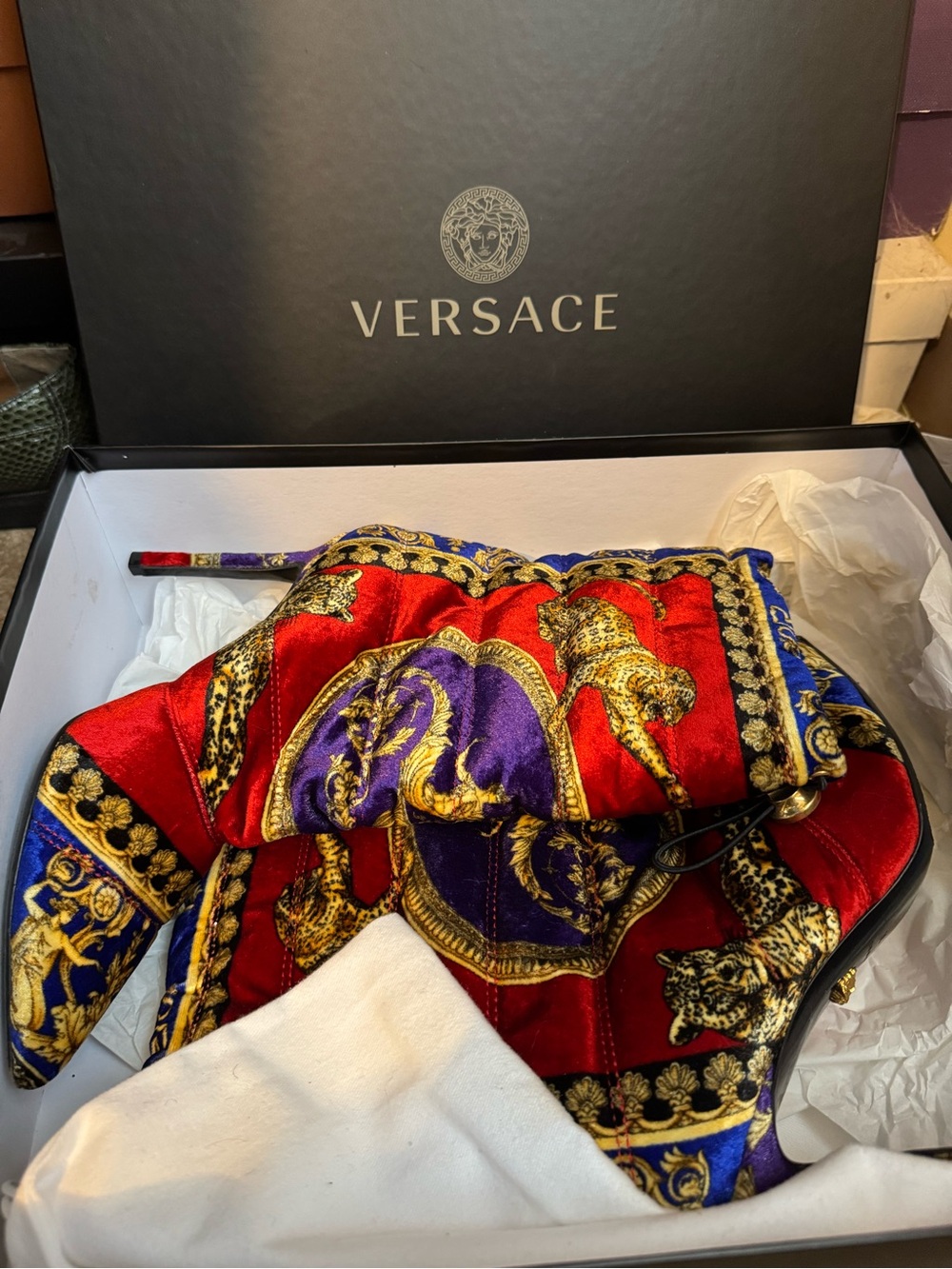 Versace St. Pillow Talk Tribute Kim Boot Velvet Baroque Ankle Bootie